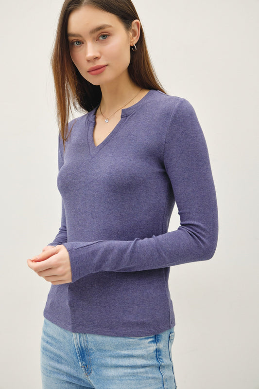 Notched Ribbed Long Sleeve