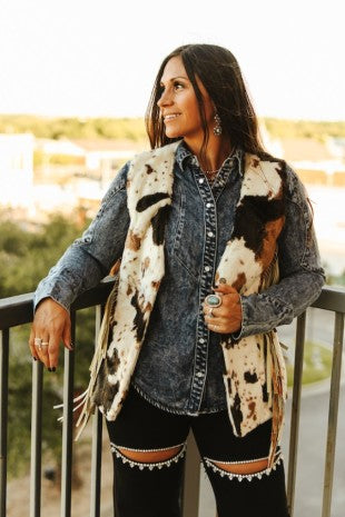 Cowhide Concho Button-Down Fringe Vest
