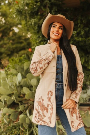 Khaki Western Embroidered Suede Blazer