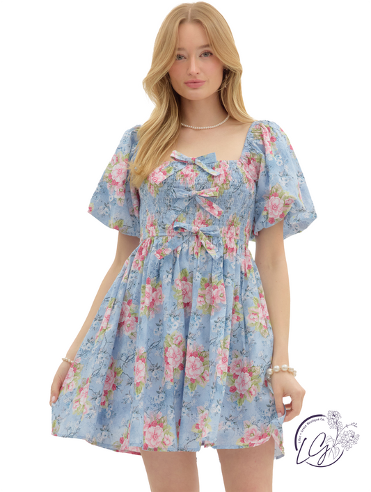 Velvet-Sweet Skies Bow Mini Dress