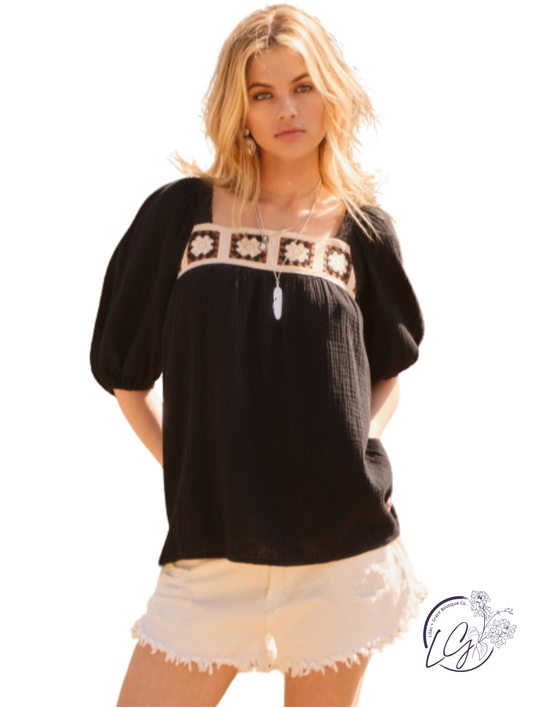 Crochet Lace Trim Babydoll Blouse