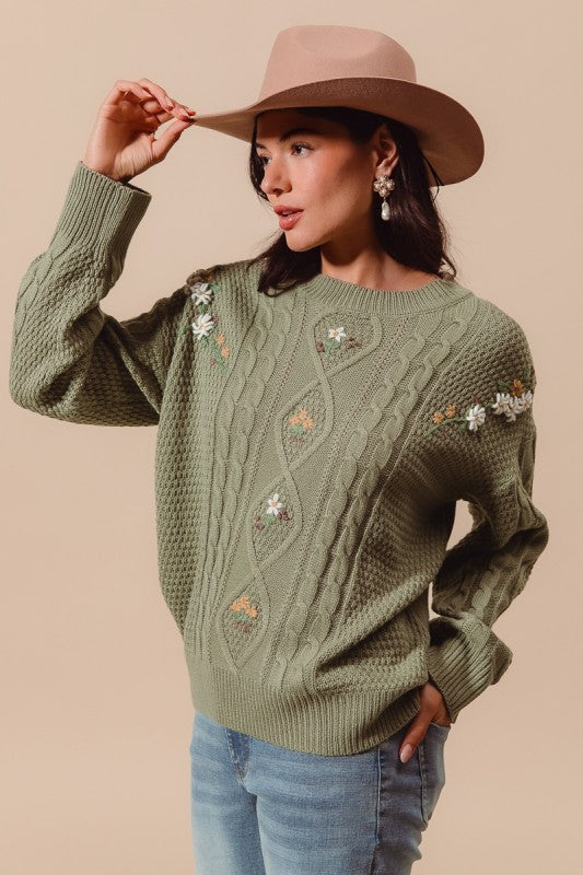 Embroidered Flower Cable Knitted Sweater Top