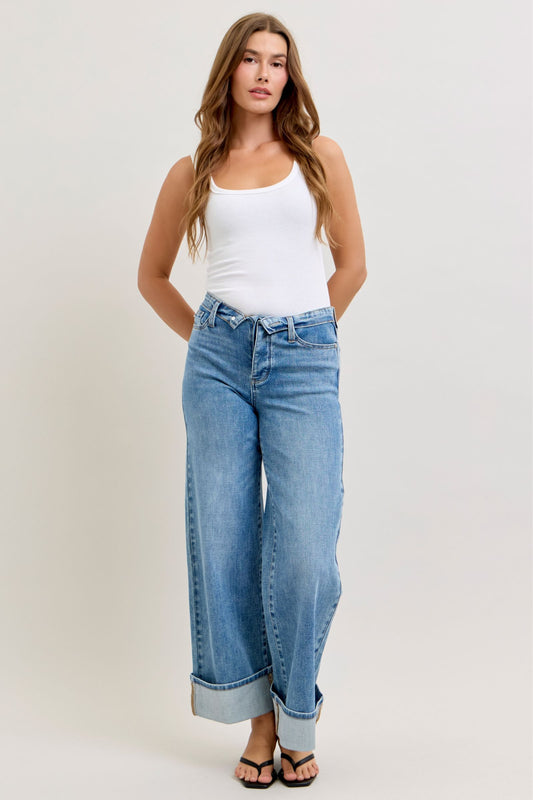 Greer Mid Rise Foldover Straight Non Distressed By Judy Blue