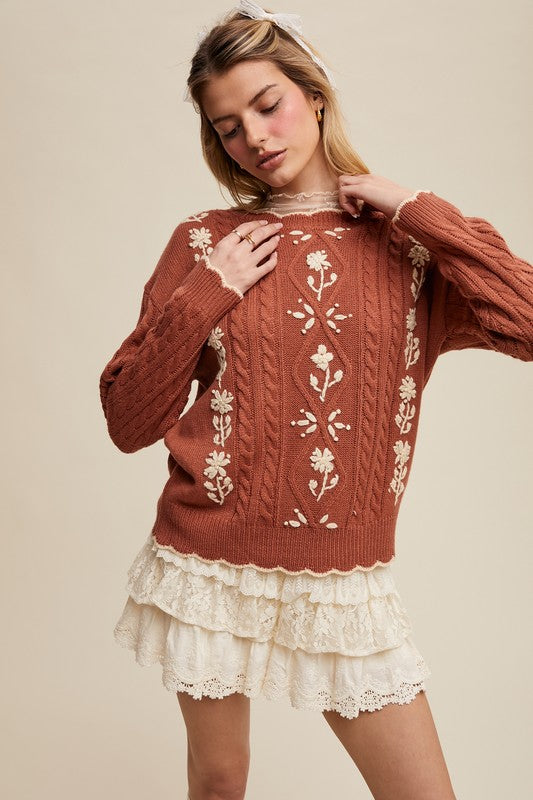 Autumn Bloom Floral Embroidered Cable Knit Sweater