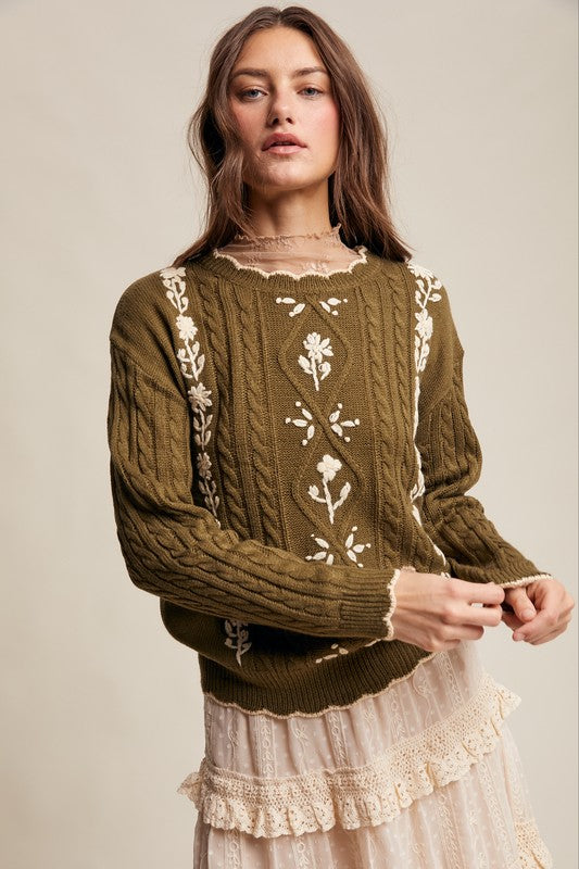 Autumn Bloom Floral Embroidered Cable Knit Sweater