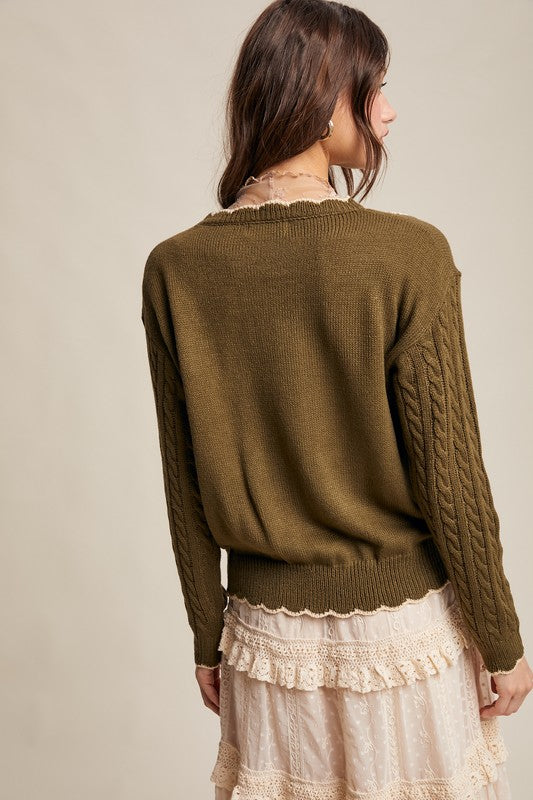 Autumn Bloom Floral Embroidered Cable Knit Sweater