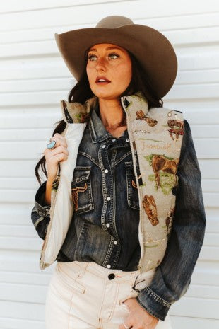 Jacquard Woven Horse Zip-Up Puffer Vest