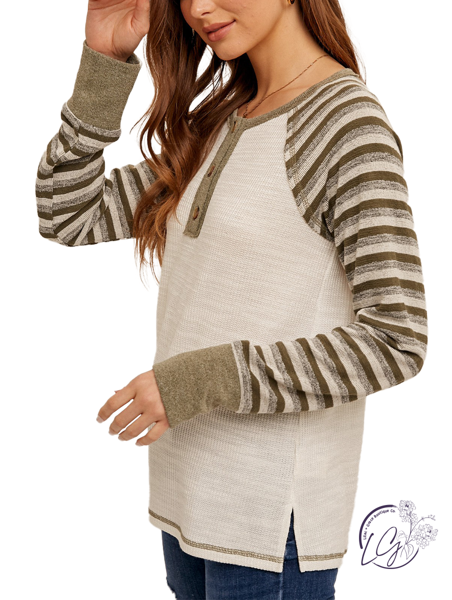 Striped Contrast Knit Henley Top