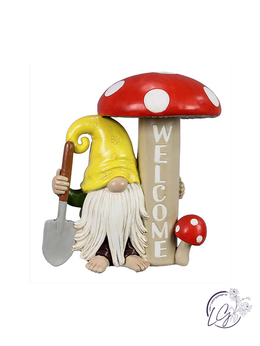 8'' Resin Gnome w/Welcome Mushroom Sign