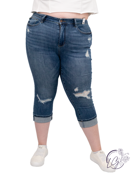 Curvy Cheri Mid-Rise Distressed Capri by Judy Blue