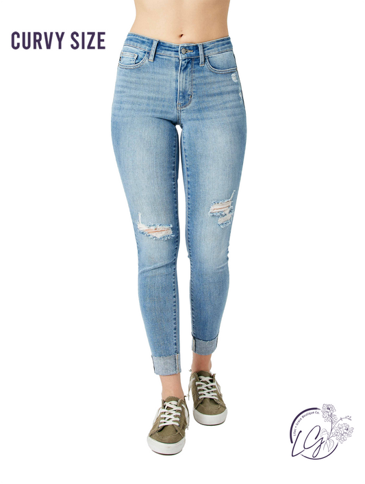 Curvy Gloria Mid Rise Destroy & Cuff Skinny by Judy Blue