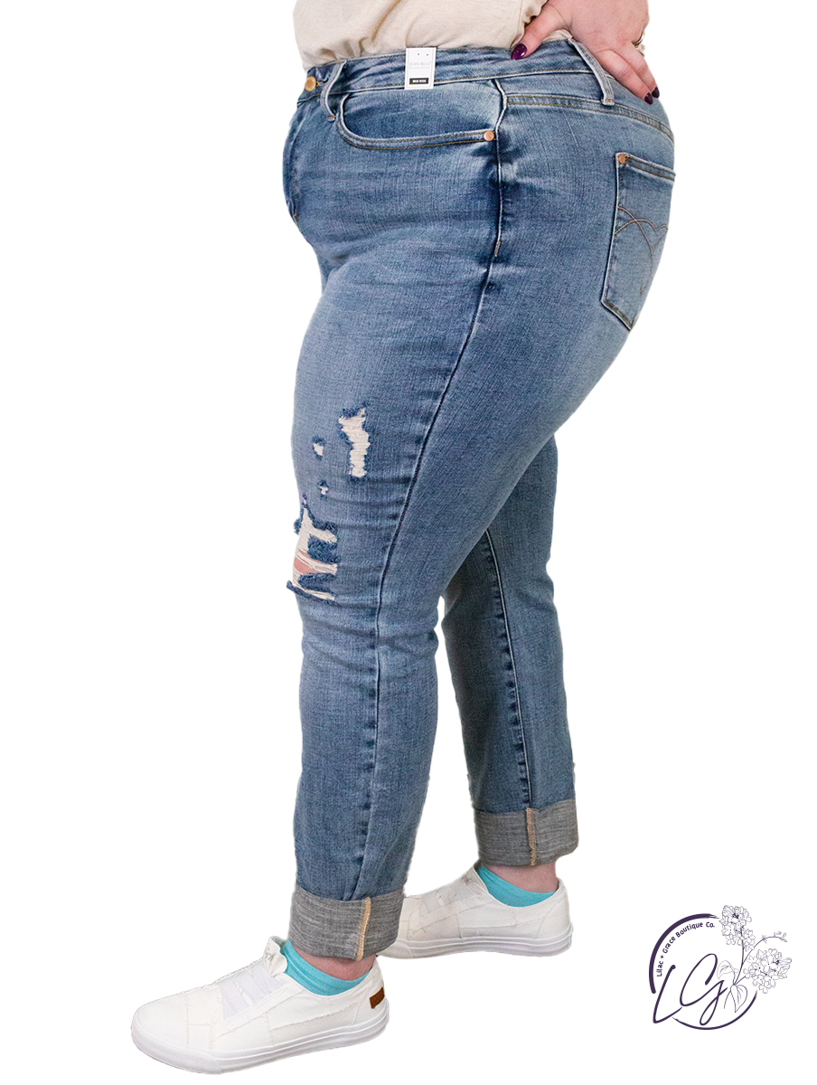 Curvy Denise Knee Destroy & Cuffed Long Boyfriend Jeans By Judy Blue