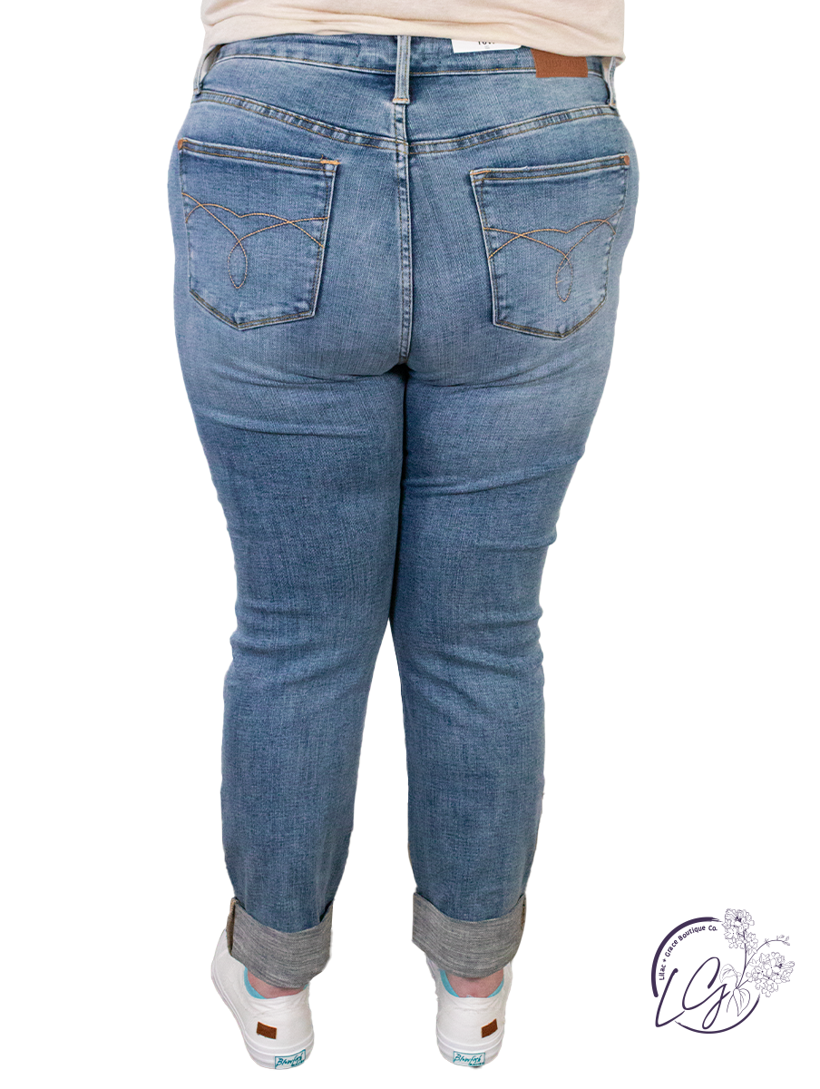 Curvy Denise Knee Destroy & Cuffed Long Boyfriend Jeans By Judy Blue