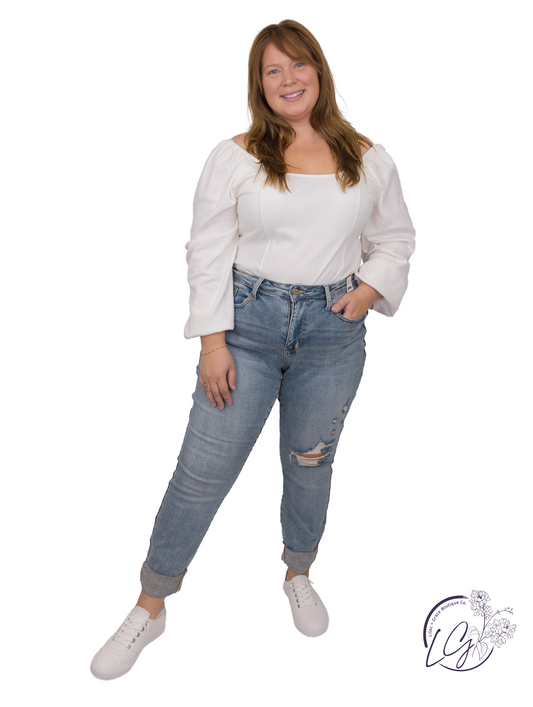 Curvy Denise Knee Destroy & Cuffed Long Boyfriend Jeans By Judy Blue