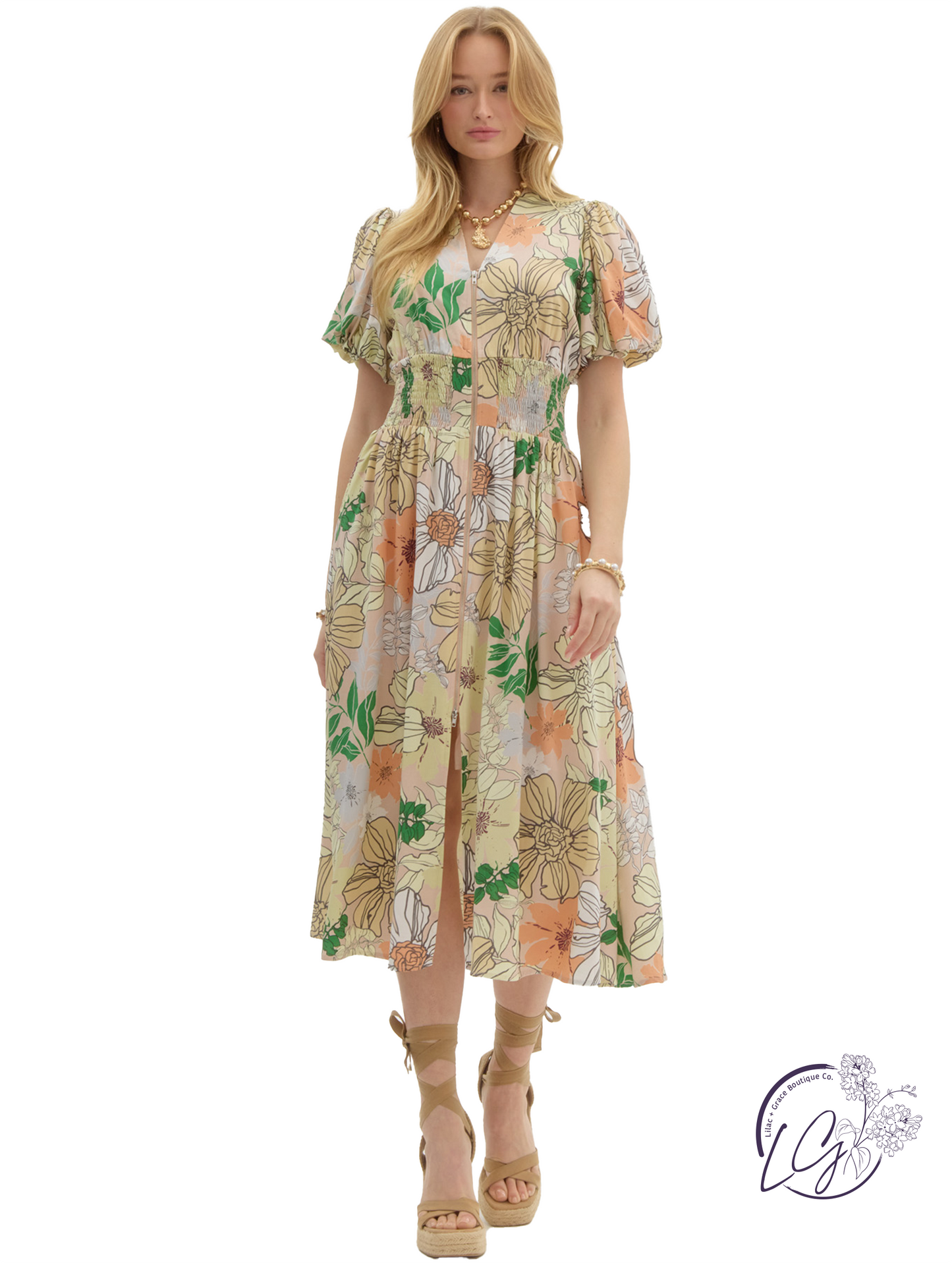 Quiet Tan V-Neck Midi Dress