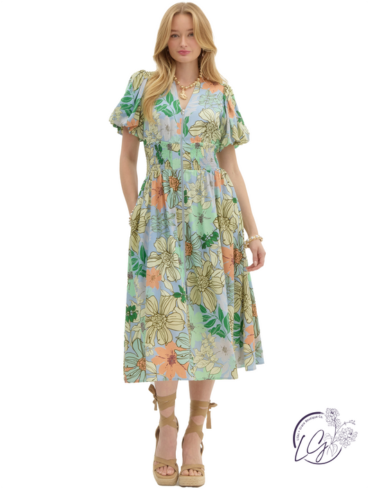 Quiet Tan V-Neck Midi Dress