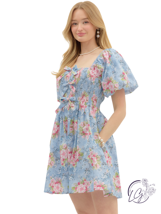 Velvet-Sweet Skies Bow Mini Dress