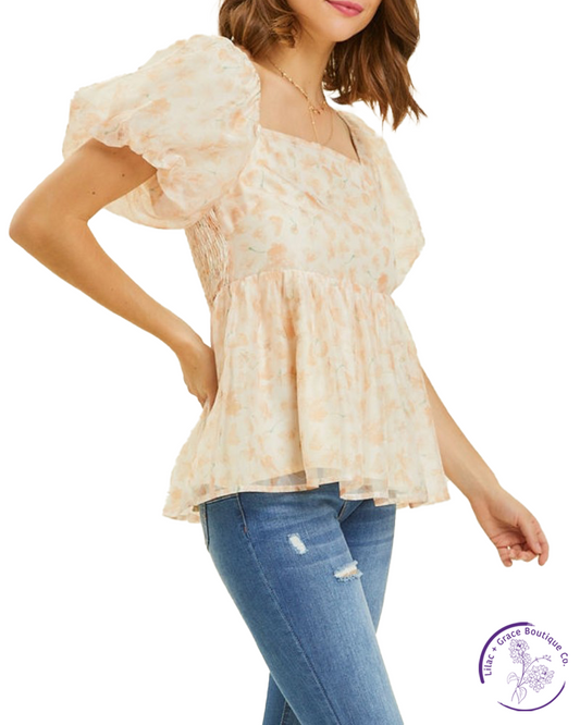 Romantic Floral Puff Sleeve Blouse