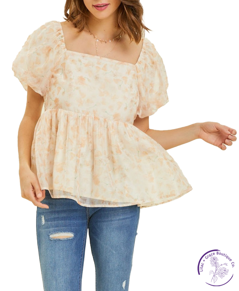 Curvy Romantic Floral Puff Sleeve Blouse