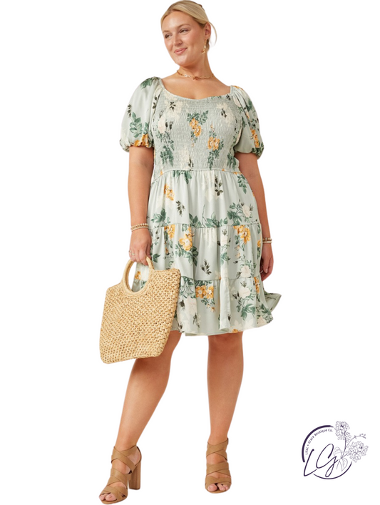 Curvy RoseSheen Smocked Floral Dress