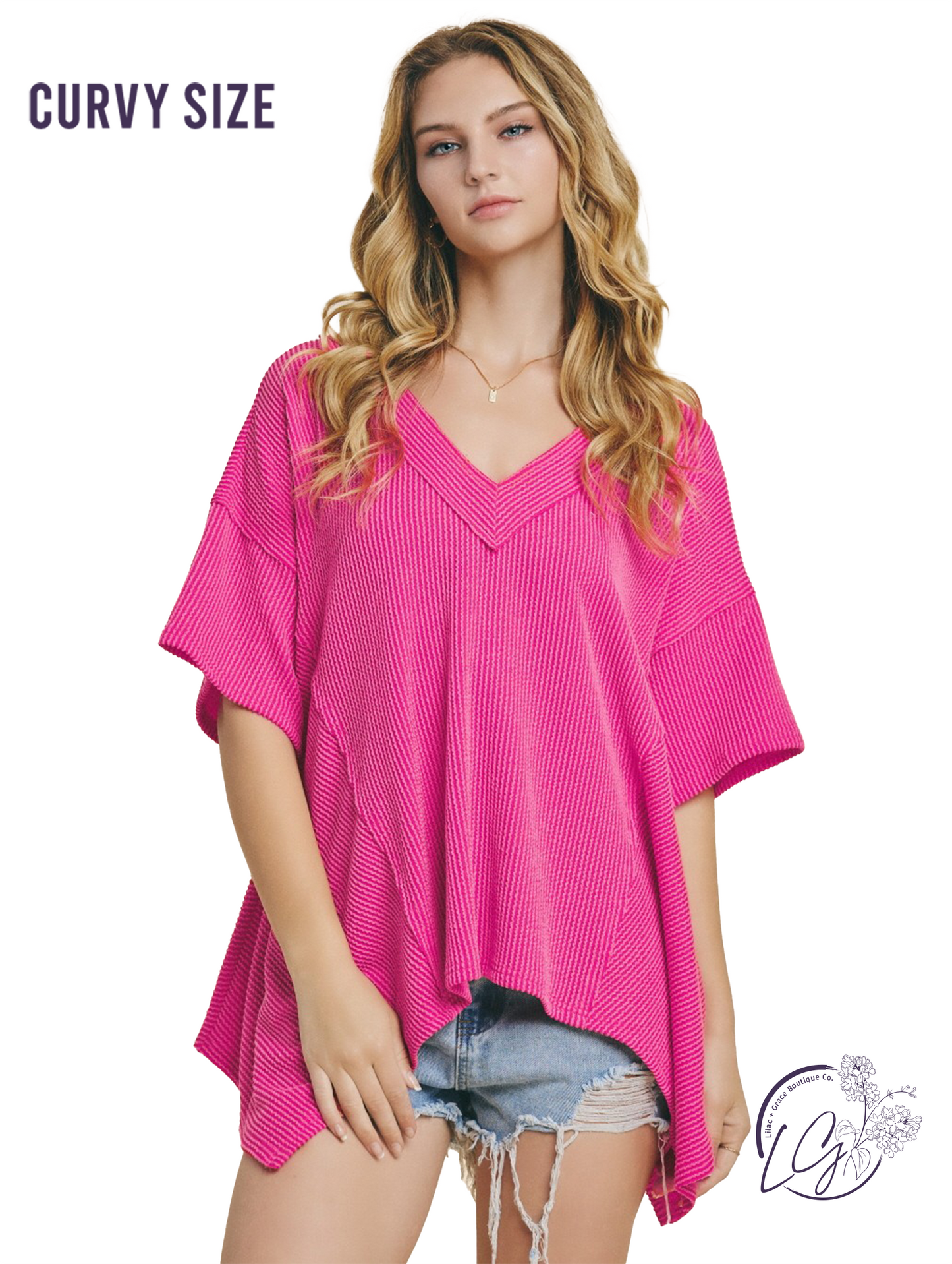 Curvy Texture Knit V-Neck Top