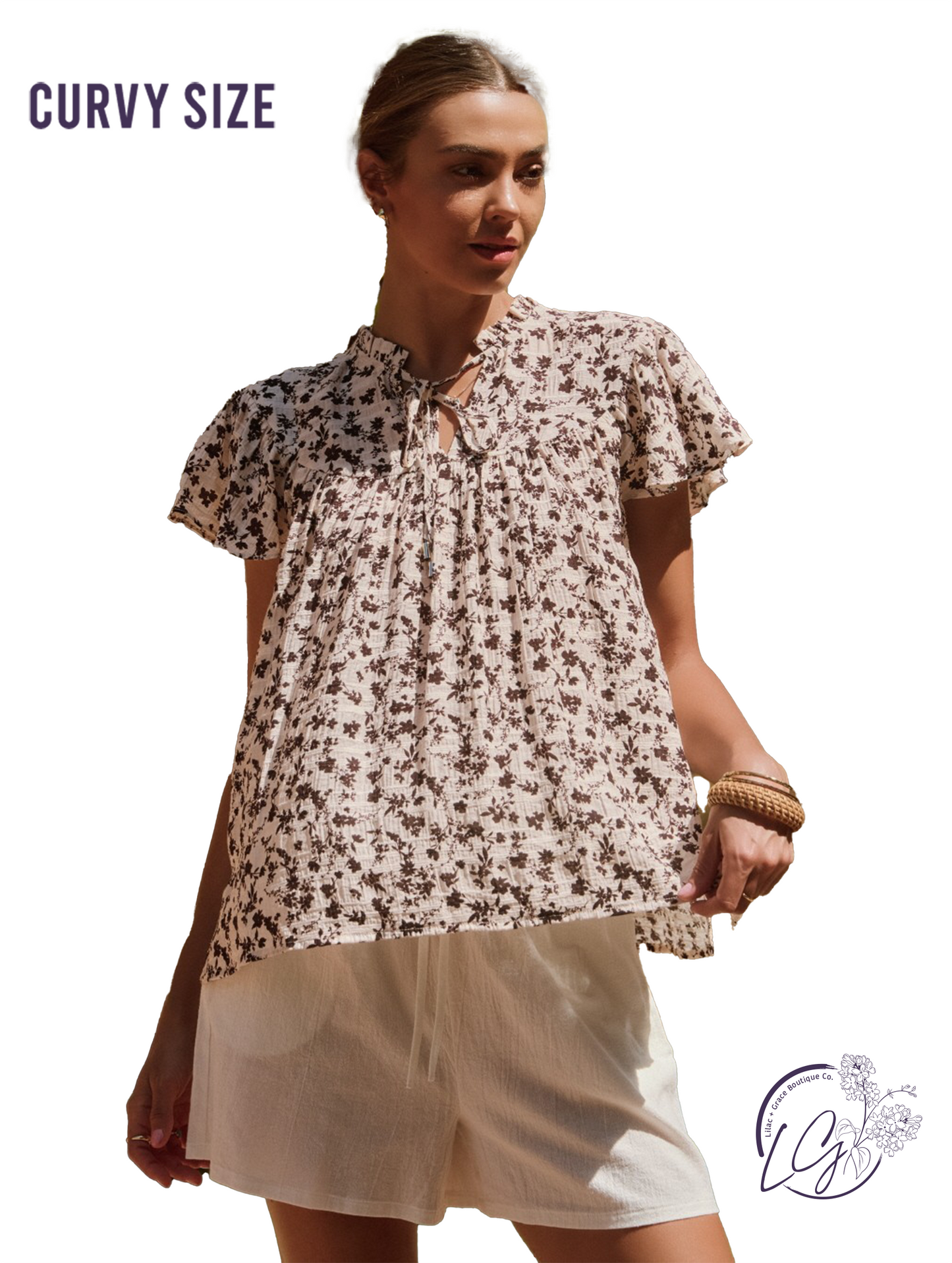 Curvy Suntrace Ruffle Sleeve Blouse