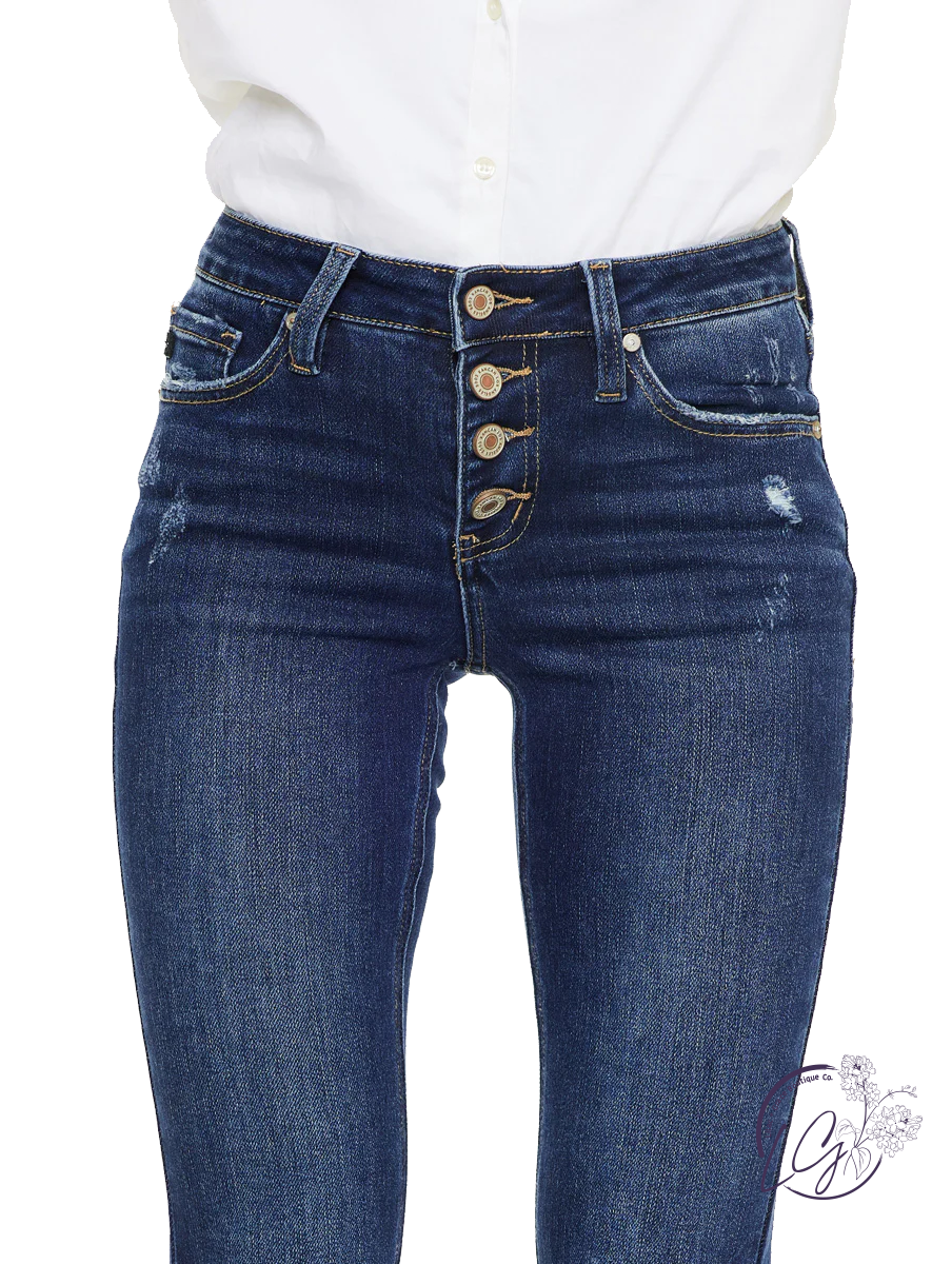 Nola Mid-Rise Button Fly Distressed Flare Jean by KanCan