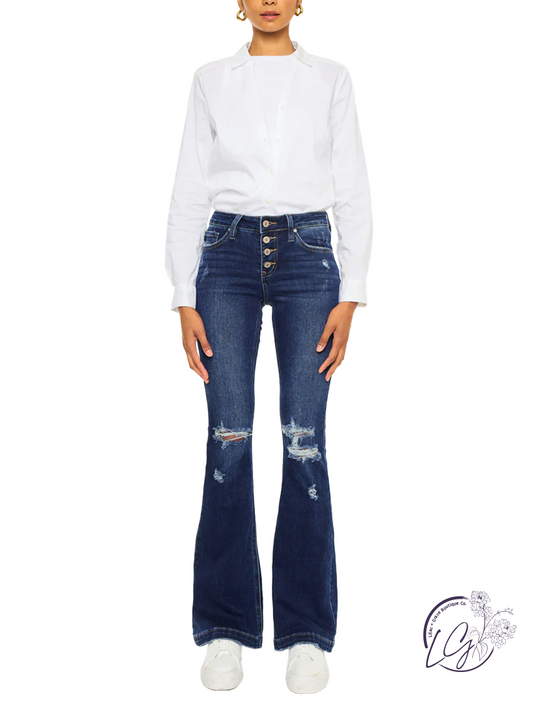 Nola Mid-Rise Button Fly Distressed Flare Jean by KanCan