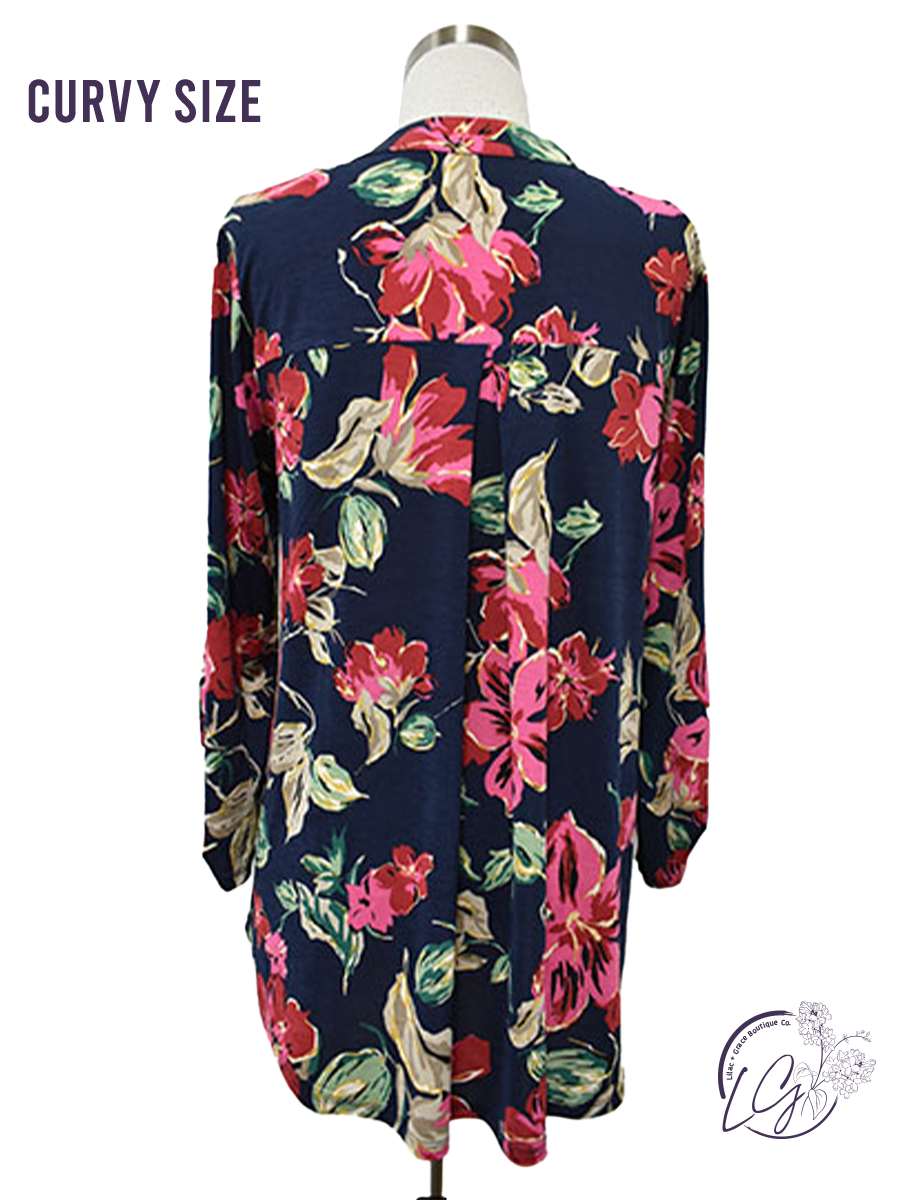 Curvy Navy Multi Floral Lizzy Top