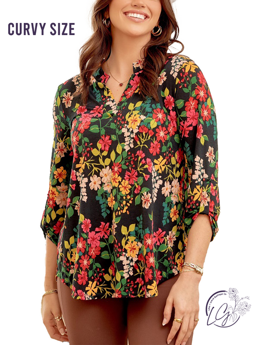 Curvy Hunter Green Floral Lizzy Top