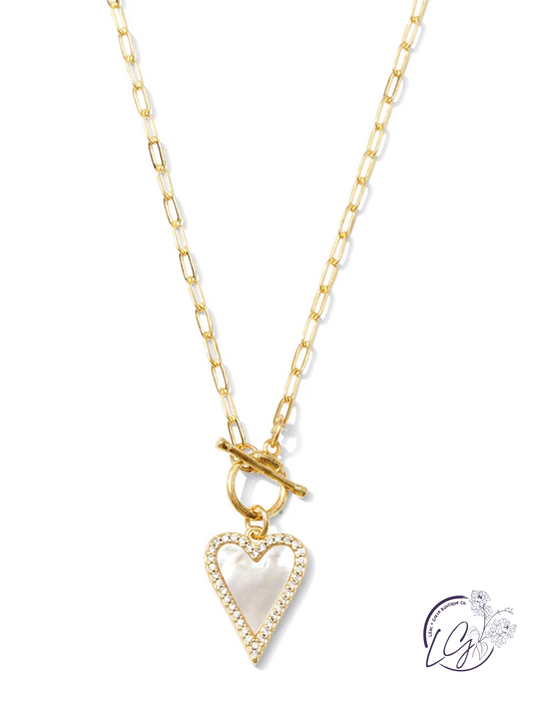 Mother of Pearl Pave Heart Toggle Pendant Necklace