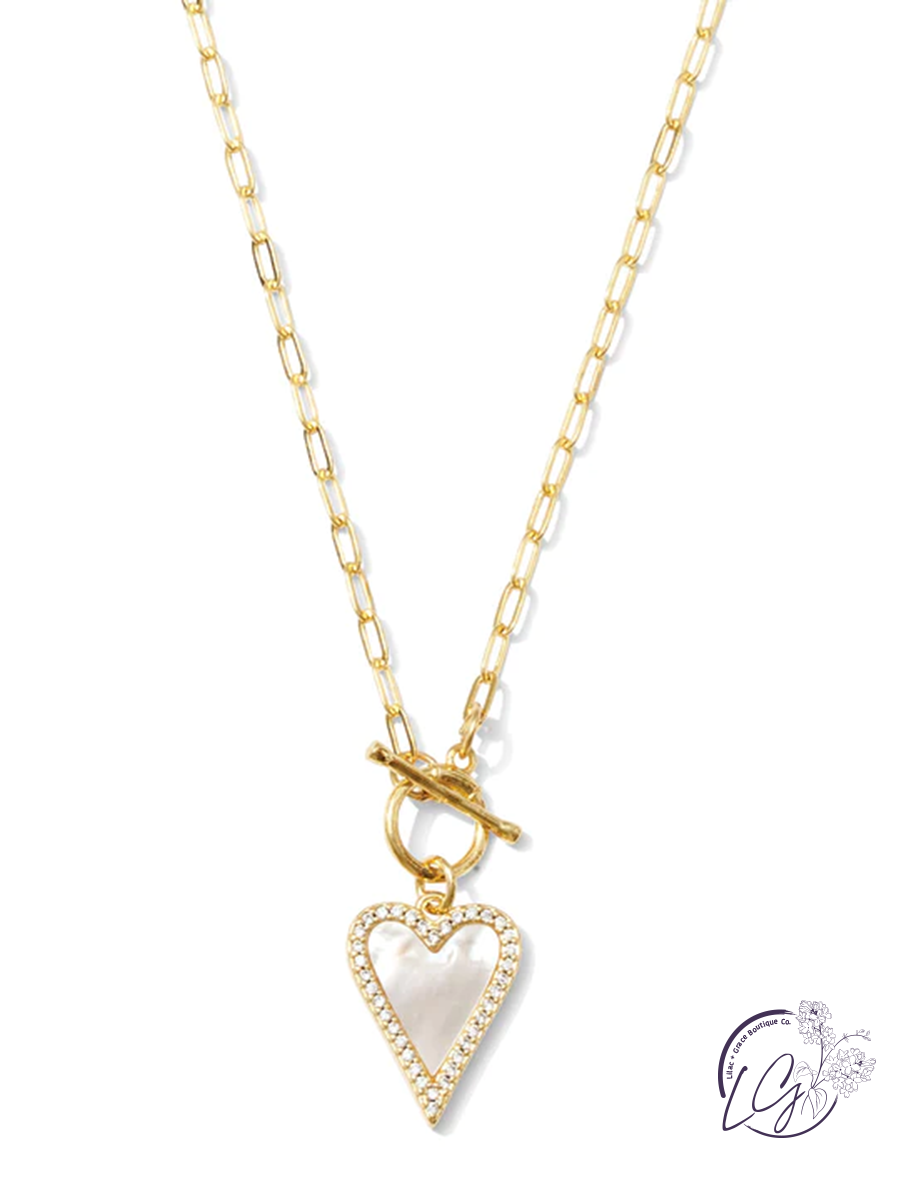 Mother of Pearl Pave Heart Toggle Pendant Necklace