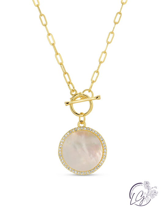 Mother of Pearl Pave Circle Toggle Necklace