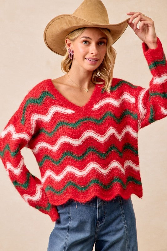 Festive Wavy Stripes V-neck Sweater