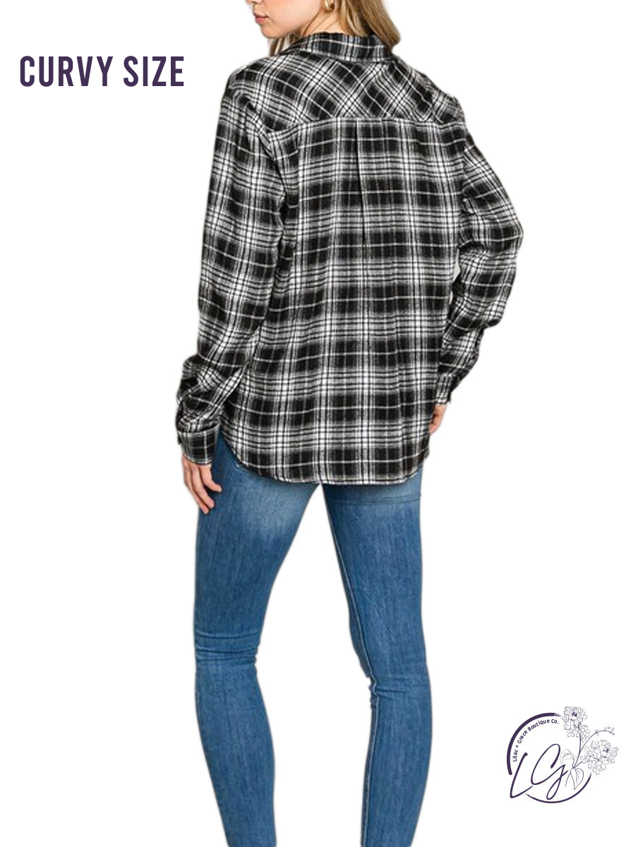 Curvy Soft Plaid Button-Down Shirt with Bust Pockets