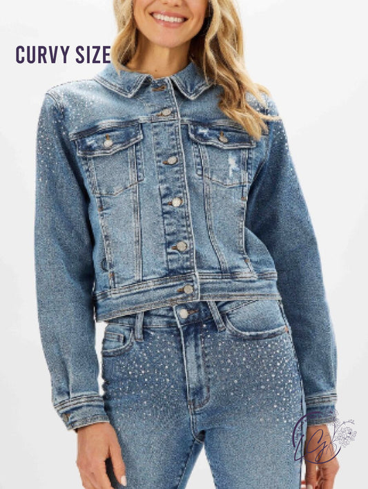 Curvy Rhinestone & Adventures Denim Jacket By Judy Blue