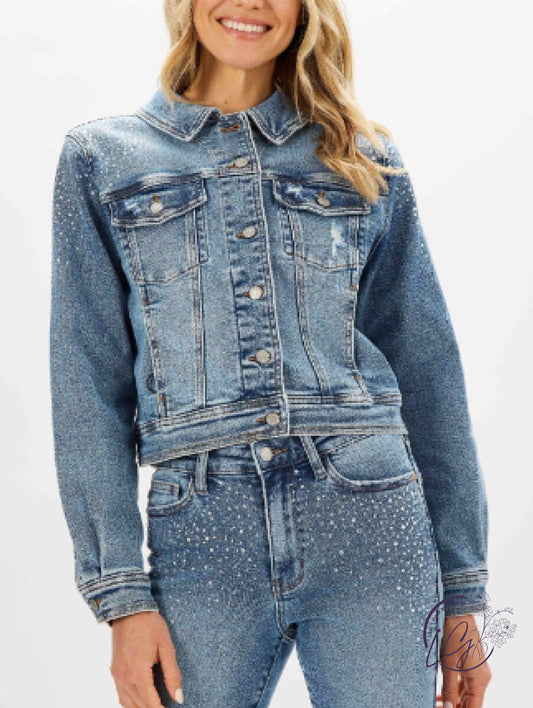 Rhinestone & Adventures Denim Jacket By Judy Blue