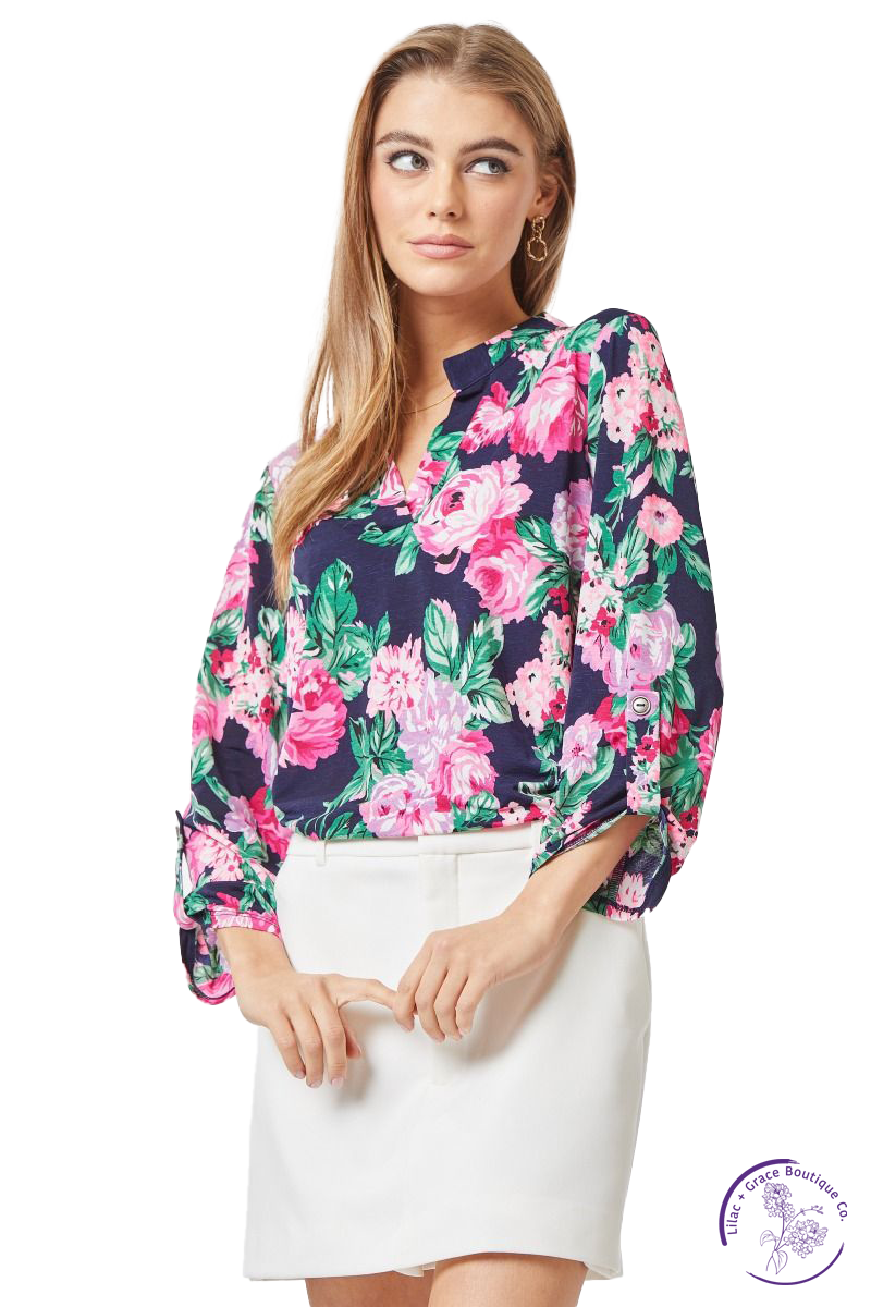 Pink Flowers 3/4 Sleeve Lizzy Top