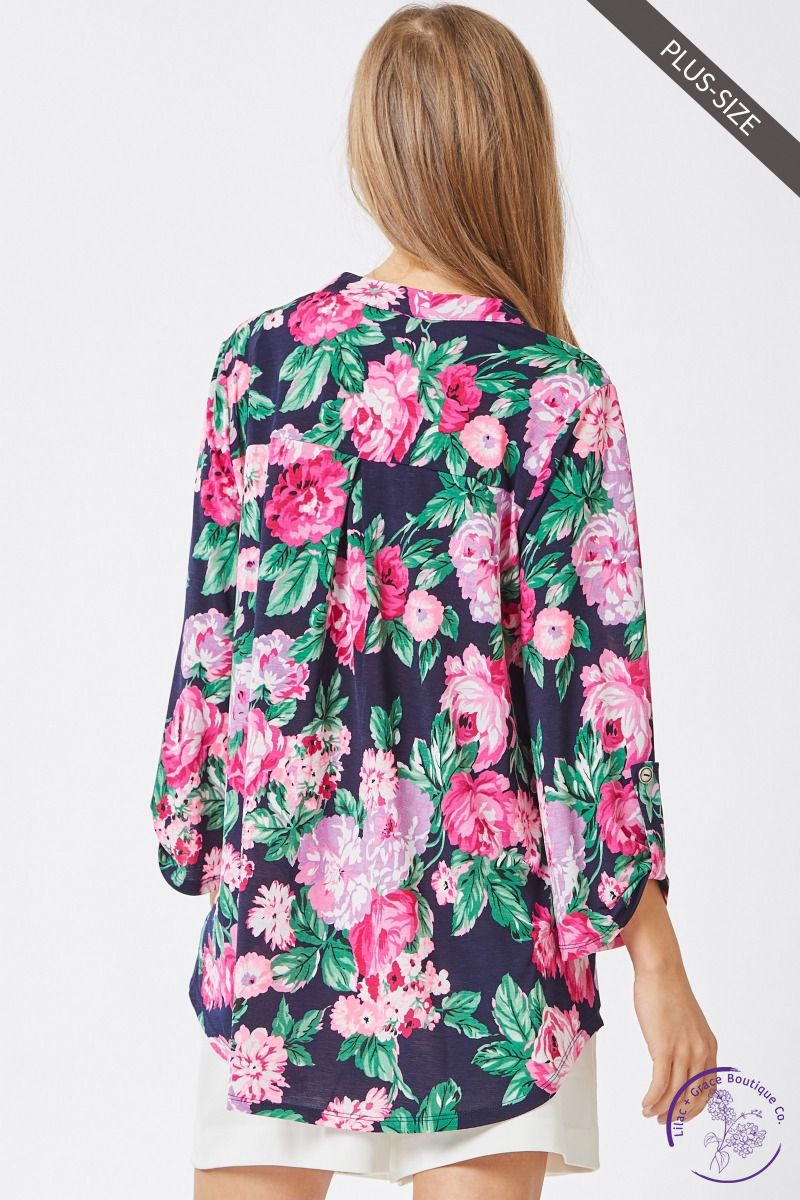 Curvy Pink Flowers 3/4 Sleeve Top