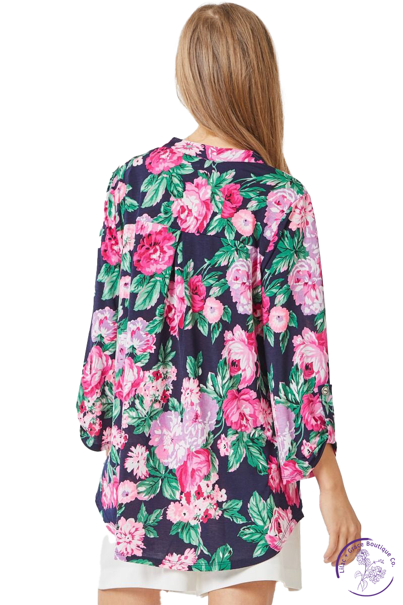 Pink Flowers 3/4 Sleeve Lizzy Top