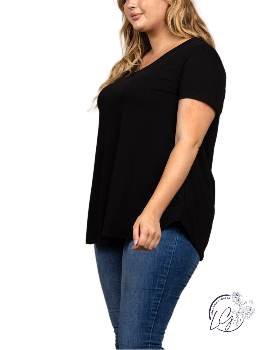 Curvy soft brushed knit v neck top