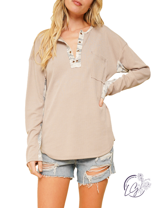 My Point of View Camo Eyelet Henley Top