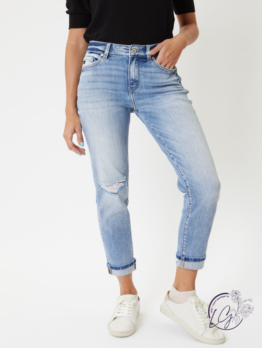 Abby High-Rise Hem Detail Mom Jean by KanCan