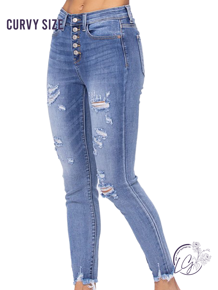 Curvy Mona High-Rise Distressed Button Fly Skinny by Judy Blue