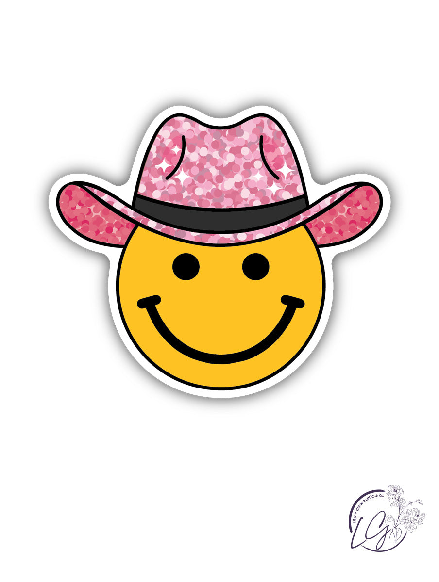 Sparkly Pink Hat Smiley Sticker