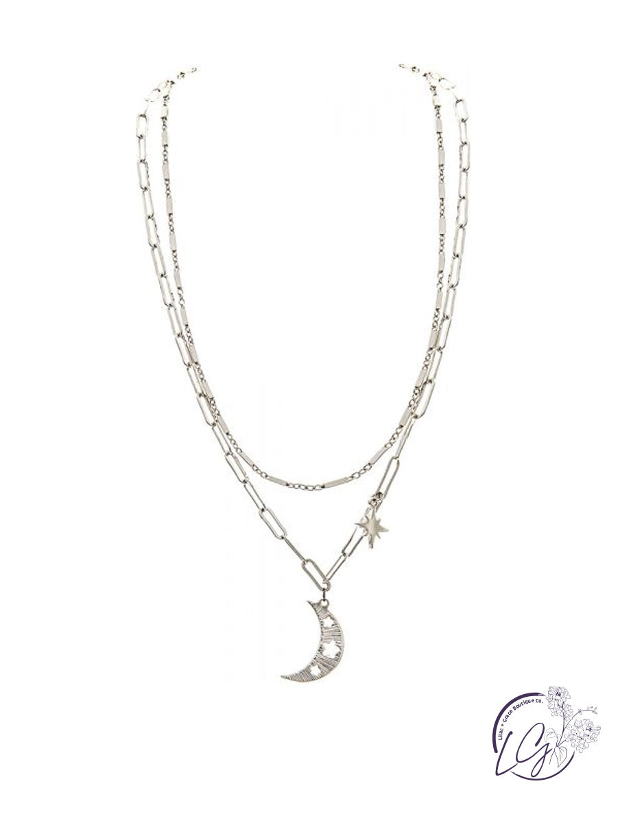 Silver Chain Moon Glow Layer Necklace Set