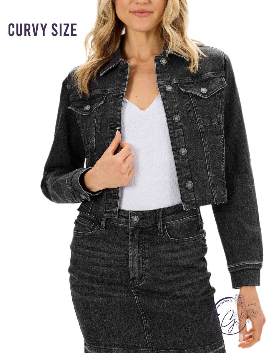 Curvy Greyson Black Denim Cropped Jacket By Judy Blue