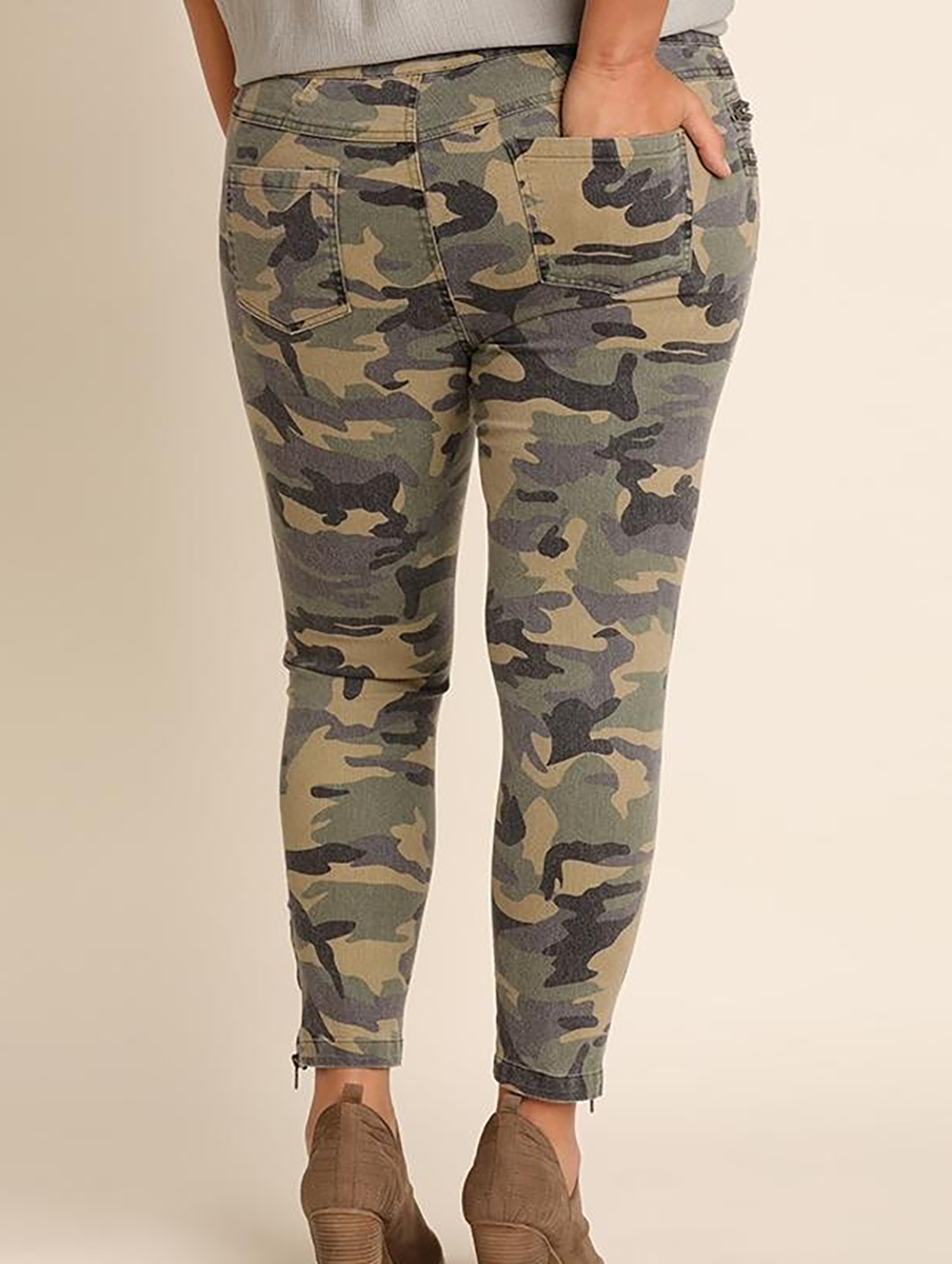 Curvy Camo Moto Pants with Zipper Front