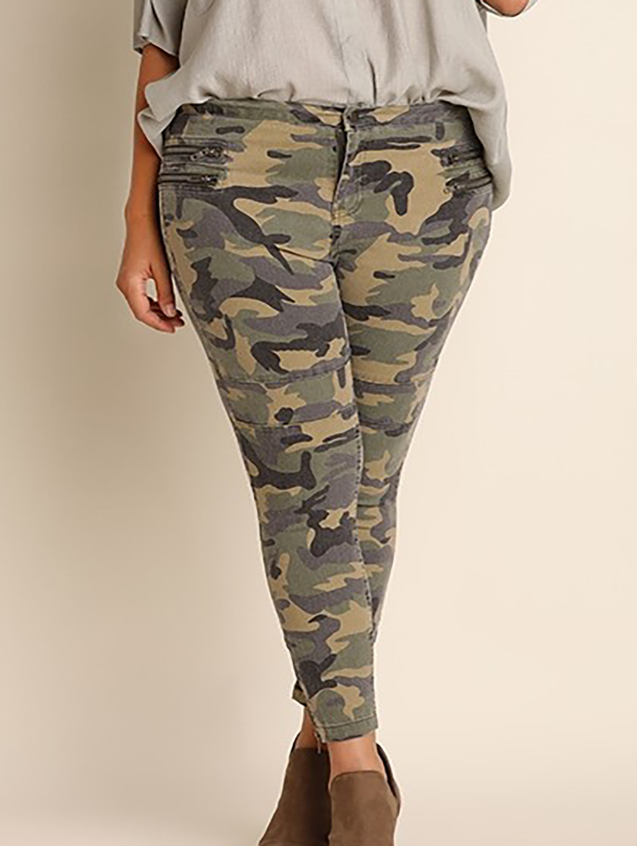 Curvy Camo Moto Pants with Zipper Front