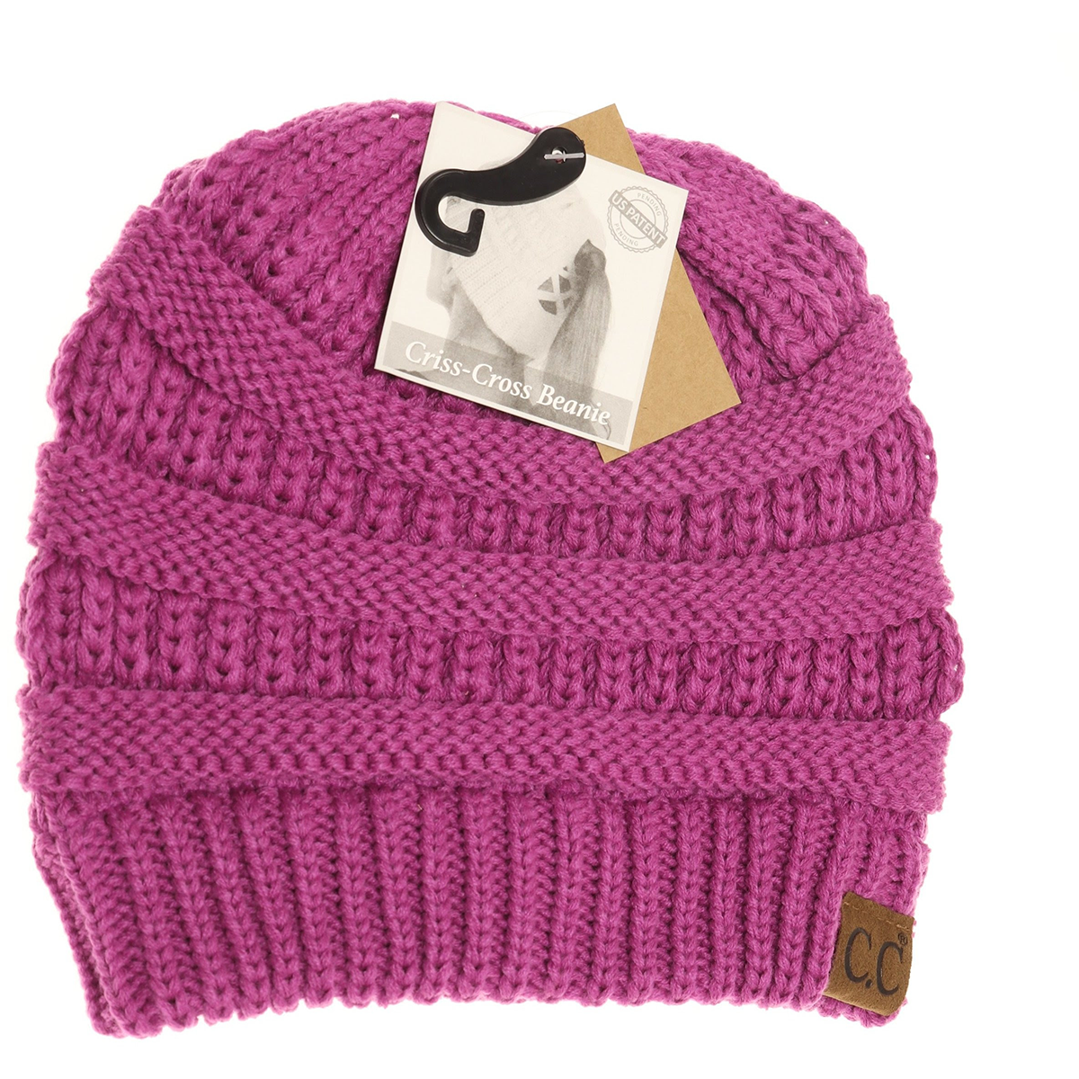 Criss Cross Knit Beanie in Magenta Purple